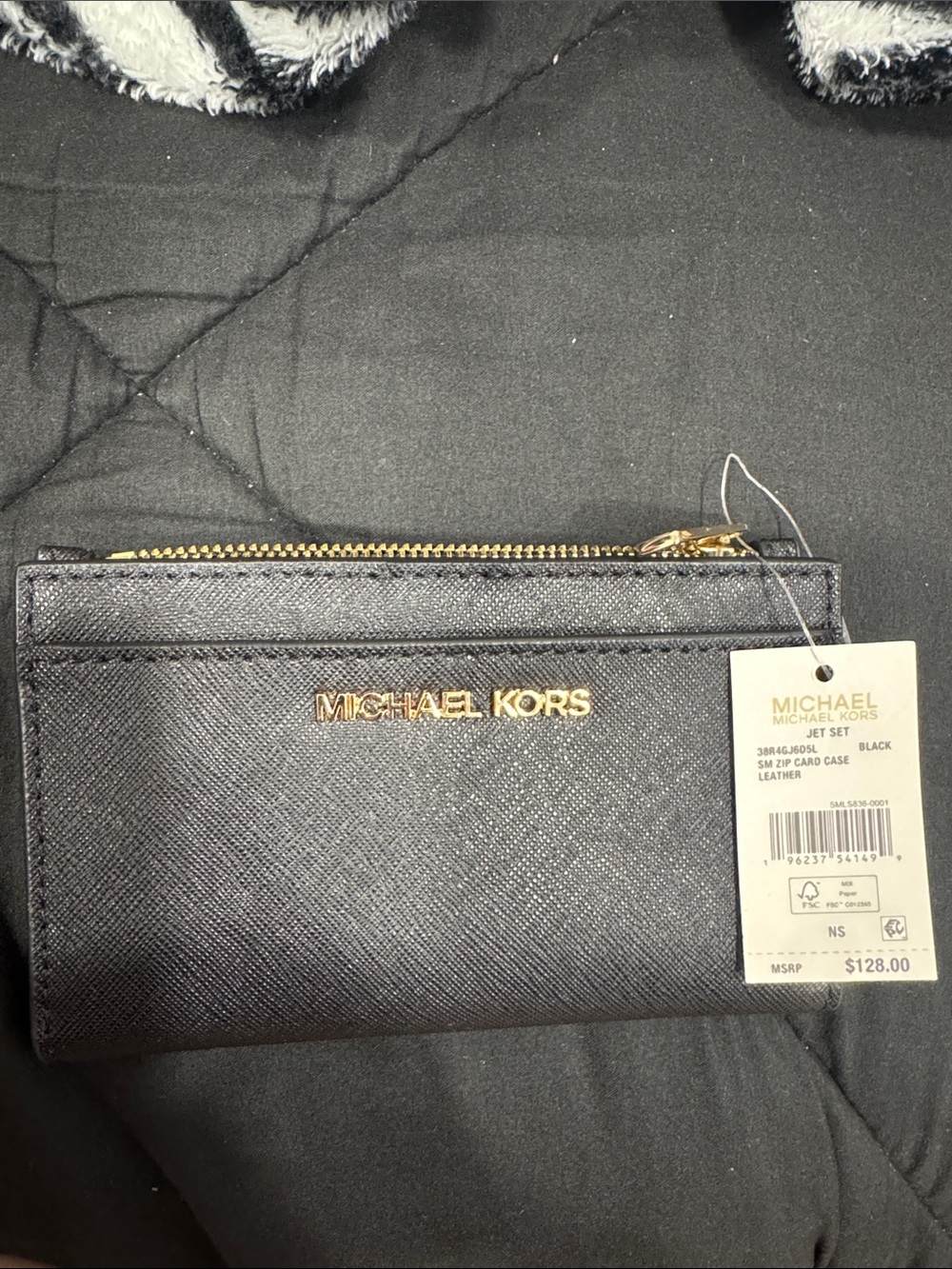 Michael Kors Black Leather Zip Card Case with Gold Logo